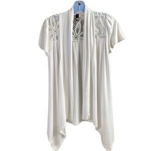 ING Ladies White Lace Trim Rayon Short Sleeve Asymmetrical Cardigan Size Small